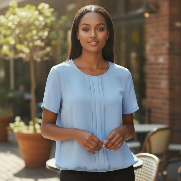 GERRY WEBER Front Pleat Blouse 44 L Suit Shell Top Bubble Hem Minimalist Boxy - Picture 15 of 15